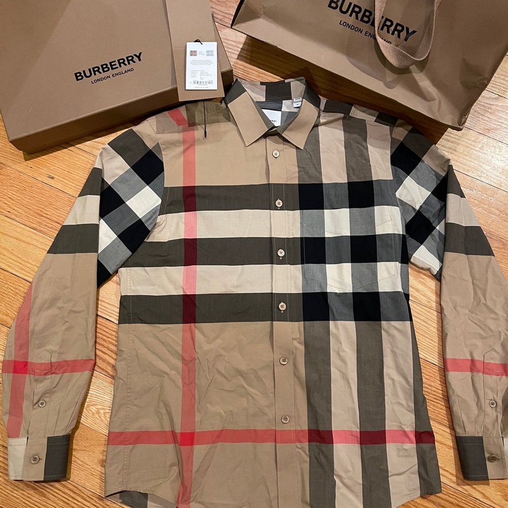 Burberry Men's Tan and Black Plaid Shirt
